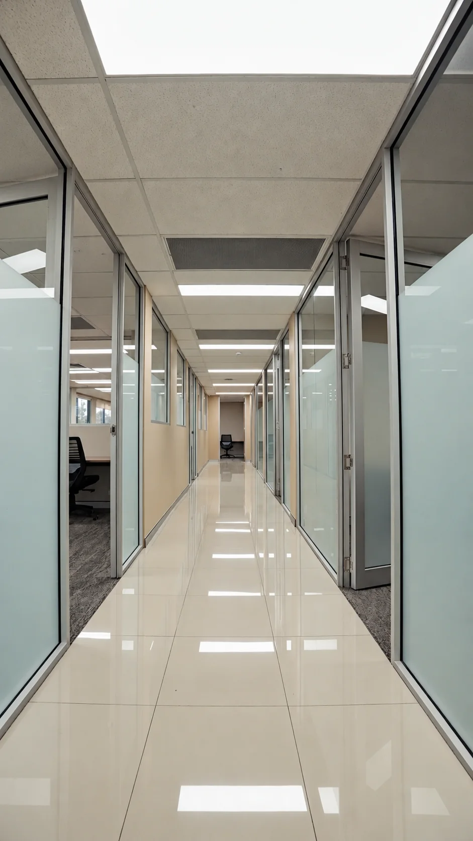 Glass-walled corridor between the private suites at Local Hubb